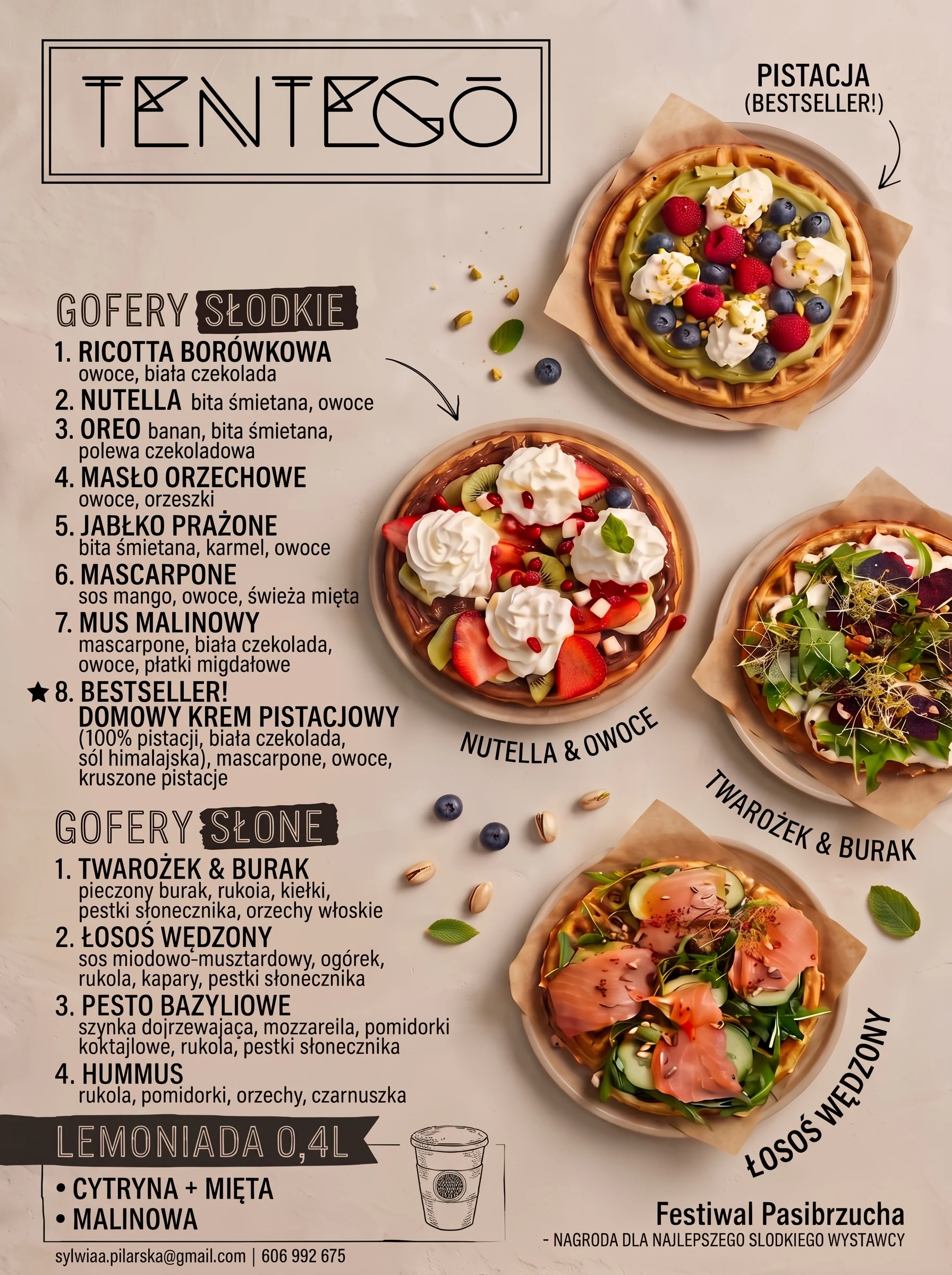 Menu Tentego Food & Drinks – karta menu: chrupiące gofry słodkie i wytrawne, domowa lemoniada i catering eventowy